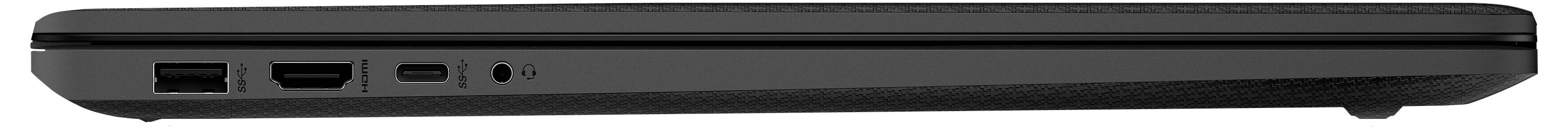 Das Bild zeigt die Seitenansicht eines geschlossenen schwarzen Laptops und hebt drei USB-Anschlüsse und einen Audioeingang hervor.