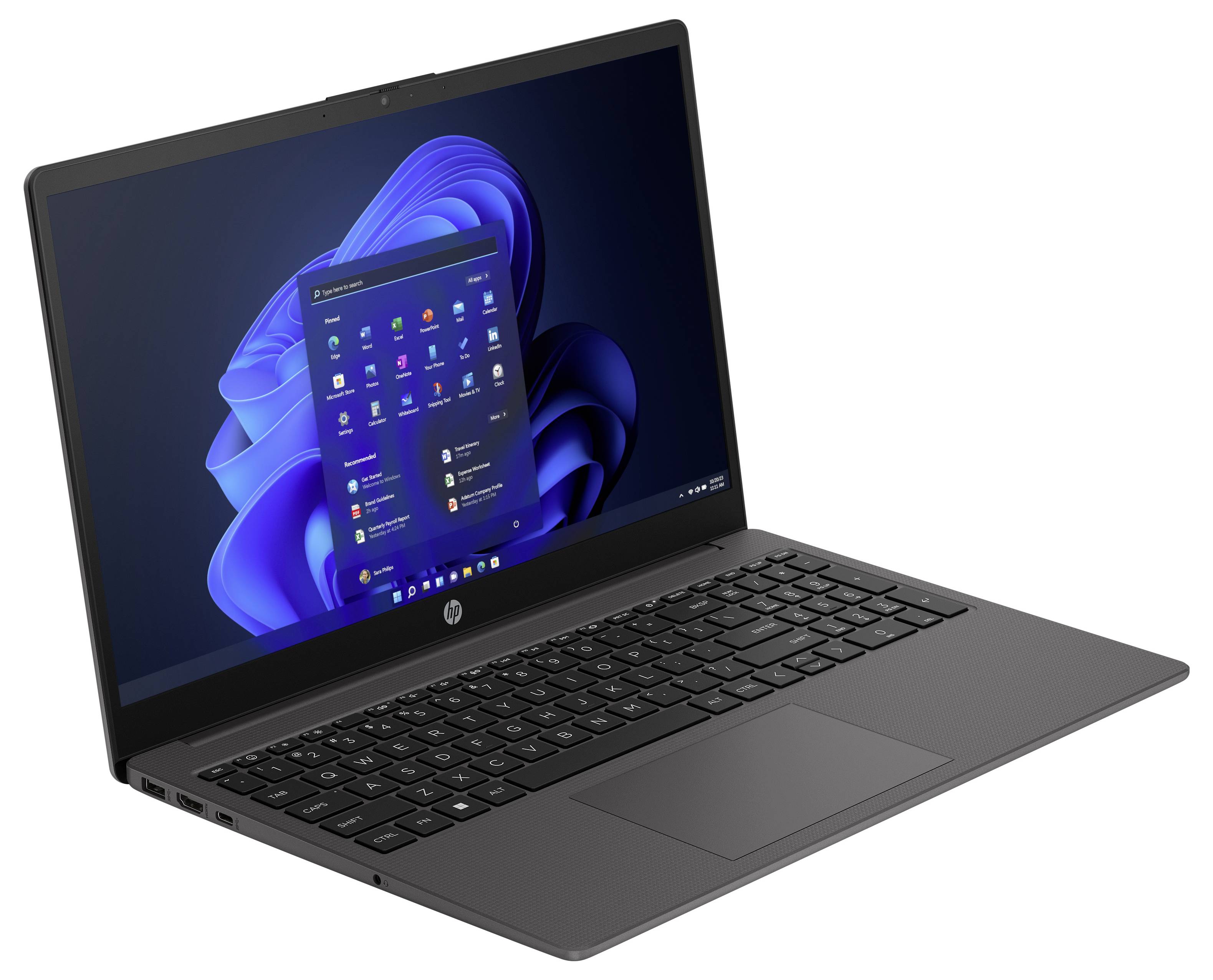 Ein Laptop, der das Windows 11 Startmenü auf seinem Bildschirm zeigt, mit verschiedenen App-Symbolen, vor einem einfarbigen Hintergrund.