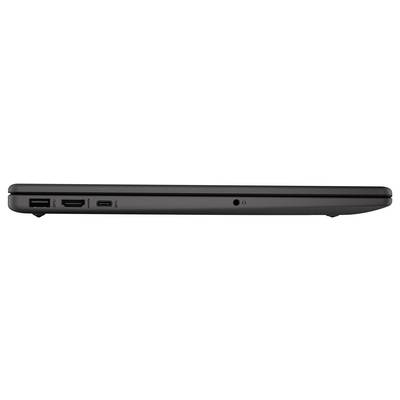 Seitenansicht eines geschlossenen schwarzen Laptops mit mehreren Anschlüssen wie USB und Kopfhörerbuchse.