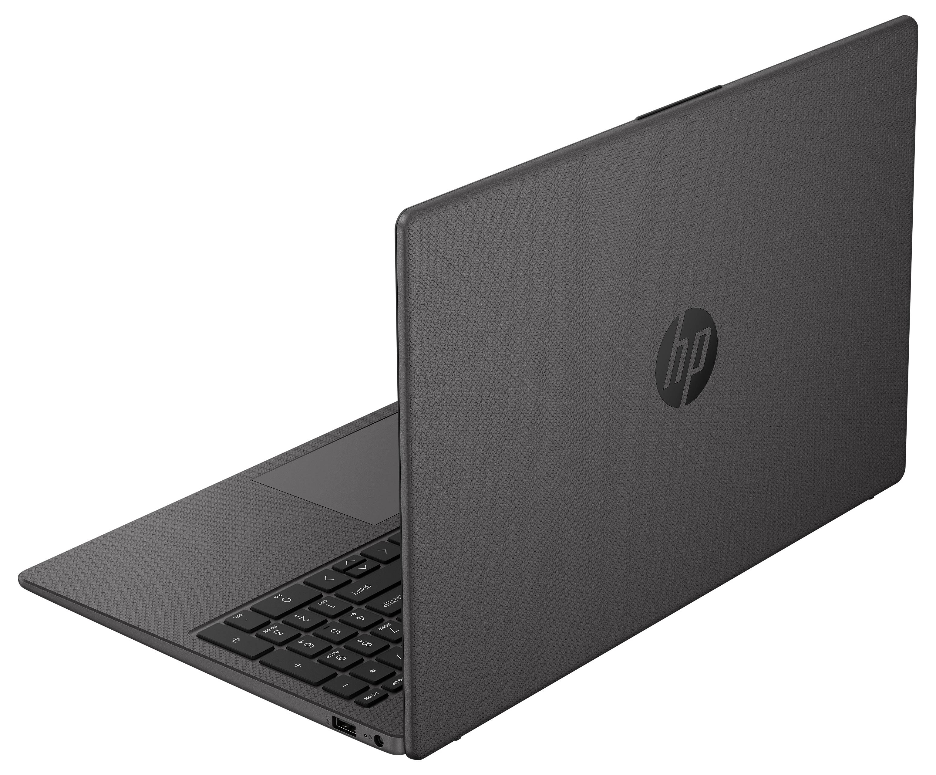 Ein schlankes schwarzes Laptop mit sichtbarer Tastatur und einem Logo auf der Rückseite, von der Seite betrachtet.