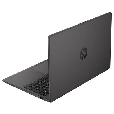 Ein schlankes schwarzes Laptop mit sichtbarer Tastatur und einem Logo auf der Rückseite, von der Seite betrachtet.