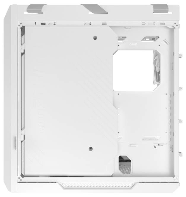 Das Bild zeigt das Innere eines weißen Computer-Tower-Gehäuses mit einem großen leeren Fach für Hardwarekomponenten und Kabelverwaltung.