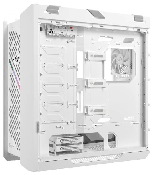 Ein weißes Computergehäuse mit mehreren Montagemöglichkeiten, einem großen Kühlventilator, Kabelverwaltungsbereichen und transparenten Seitenpanels.