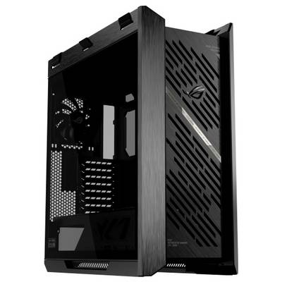 Ein schwarzes Desktop-Computergehäuse mit einer transparenten Seitenscheibe, die Belüftungsschlitze im Inneren und ein beleuchtetes Logo an der Frontseite zeigt.