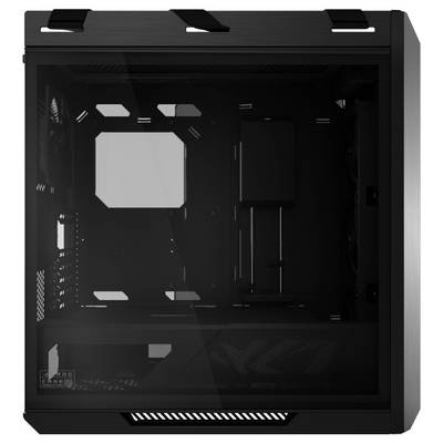 Ein schwarzes Computergehäuse mit einer transparenten Seitenscheibe, die ein leeres Innenleben zeigt, entwickelt zum Präsentieren von internen Komponenten.