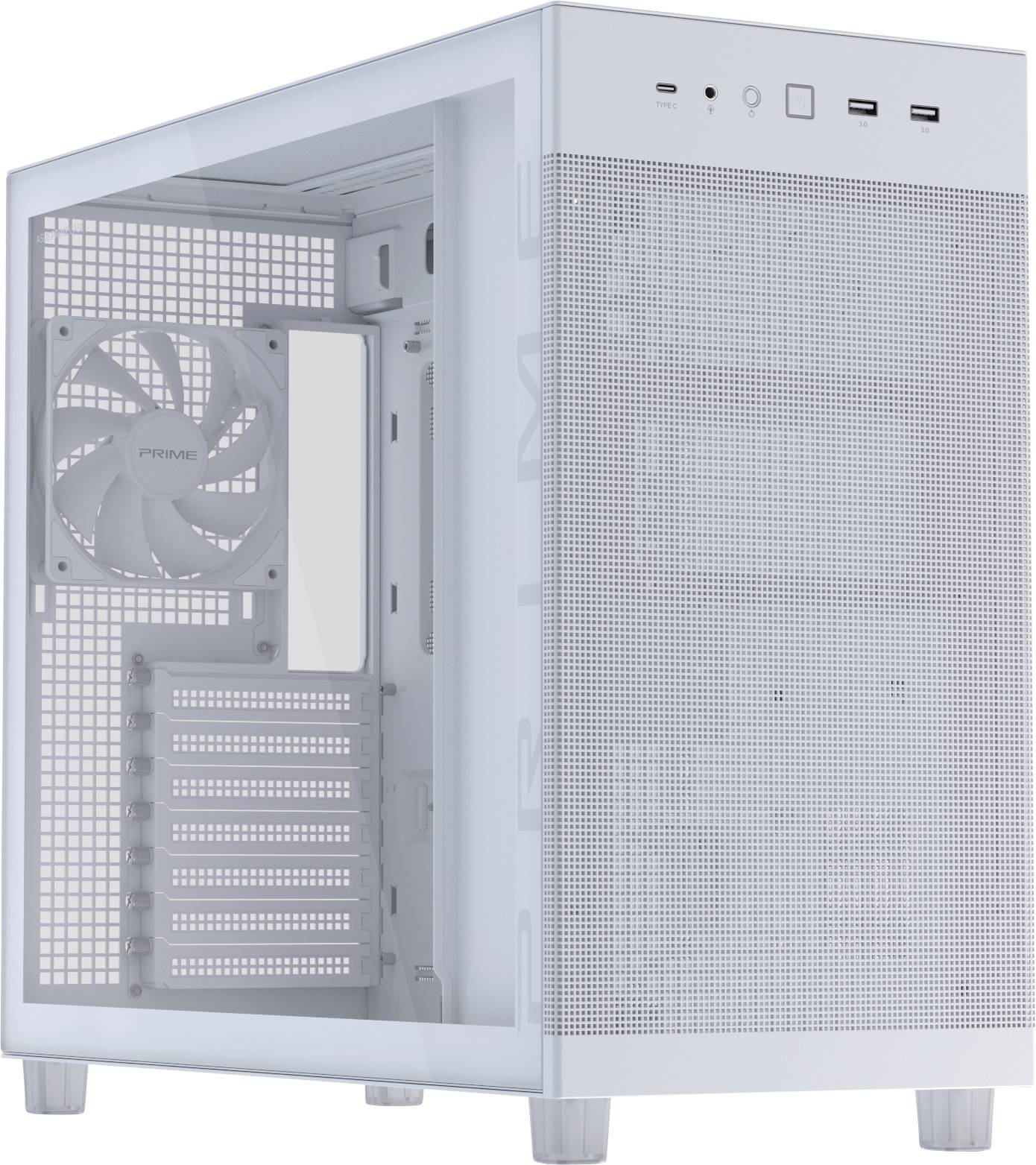 Ein weißes Computergehäuse mit einer Meshfront und Seitenpanel, das die internen Lüfter und Erweiterungsslots zeigt, entwickelt für eine optimale Luftzirkulation.