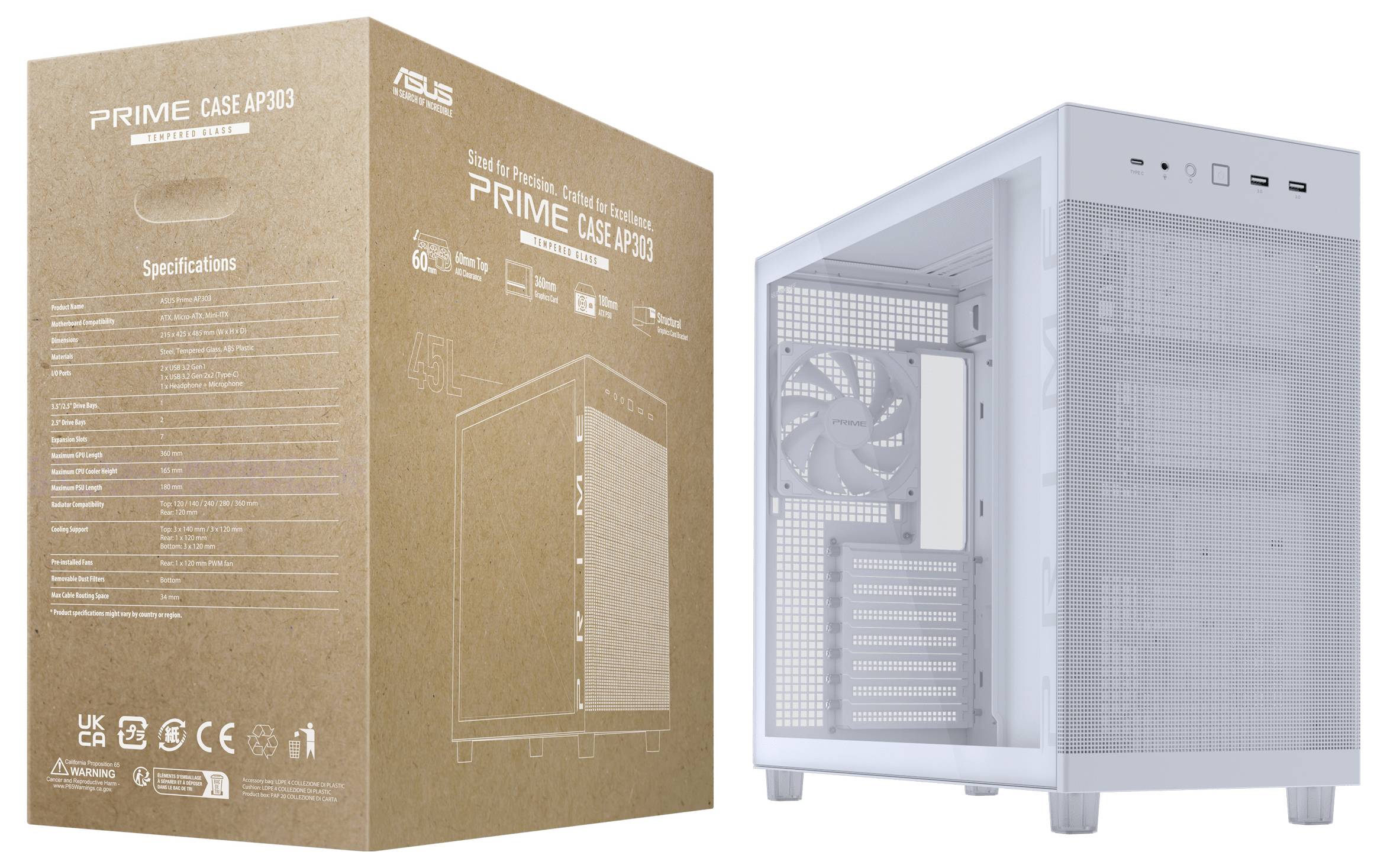 Ein weißes Computergehäuse mit transparentem Seitenfenster neben seiner Verpackungsbox mit der Aufschrift "PRIME CASE AP303", das Spezifikationen und Branding präsentiert.