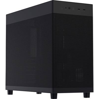 Ein schwarzes, rechteckiges Computergehäuse mit Seitenpaneel aus Mesh, Einschaltknopf und Anschlüssen an der vorderen Oberseite, das auf vier Füßen aufrecht steht.