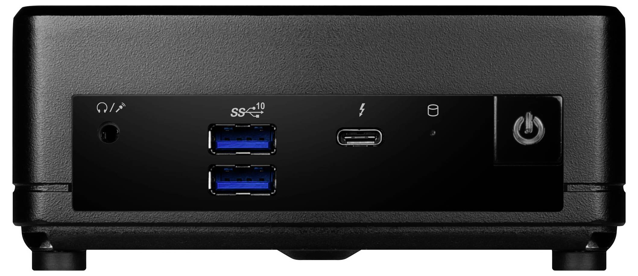 Ein kleiner, schwarzer Computer-Mini-PC mit USB-Anschlüssen, einem USB-C-Anschluss und einem Einschaltknopf auf der Frontplatte.