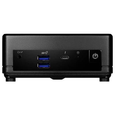 Ein kleiner, schwarzer Computer-Mini-PC mit USB-Anschlüssen, einem USB-C-Anschluss und einem Einschaltknopf auf der Frontplatte.