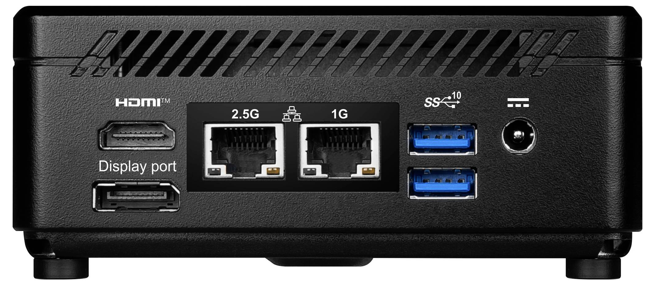 Ein schwarzes Computergerät mit HDMI, DisplayPort, zwei Ethernet-Anschlüssen (2,5G und 1G), zwei USB-Anschlüssen, einem Stromanschluss und Lüftungsschlitzen.
