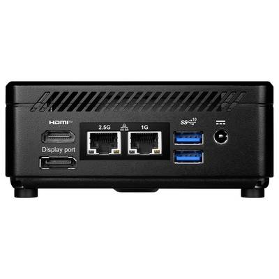 Ein schwarzes Computergerät mit HDMI, DisplayPort, zwei Ethernet-Anschlüssen (2,5G und 1G), zwei USB-Anschlüssen, einem Stromanschluss und Lüftungsschlitzen.