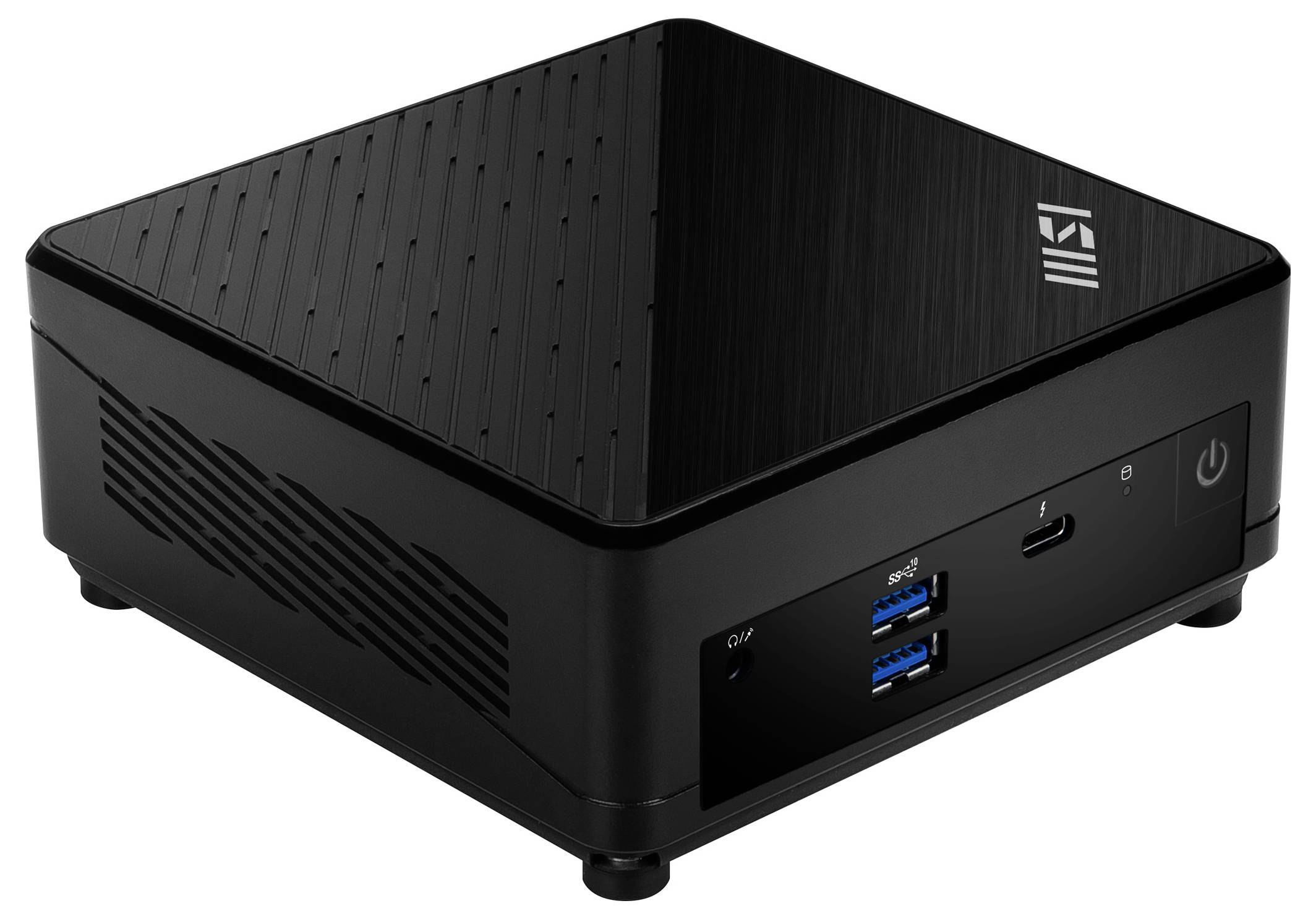 Eine kleine, schwarze, kompakte Computereinheit mit USB-Anschlüssen, Einschaltknopf und Lüftungsschlitzen, geeignet für Büro- oder Heimanwendung.