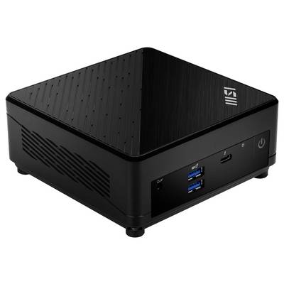 Eine kleine, schwarze, kompakte Computereinheit mit USB-Anschlüssen, Einschaltknopf und Lüftungsschlitzen, geeignet für Büro- oder Heimanwendung.