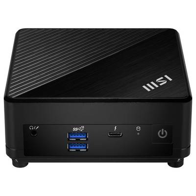 Ein kompakter schwarzer Mini-PC mit MSI-Branding, der mehrere Anschlüsse auf der Vorderseite aufweist, darunter USB und Ein-/Ausschalter.