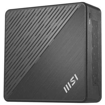Ein kompakter, schwarzer MSI Mini-PC mit diagonal strukturierter Designfront und MSI-Logo.
