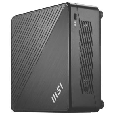 Ein schlanker, kompakter MSI-Computerturm mit einer strukturierten, schräg verlaufenden Liniengestaltung, der Lüftungsschlitze an der Seite zur Kühlung aufweist.