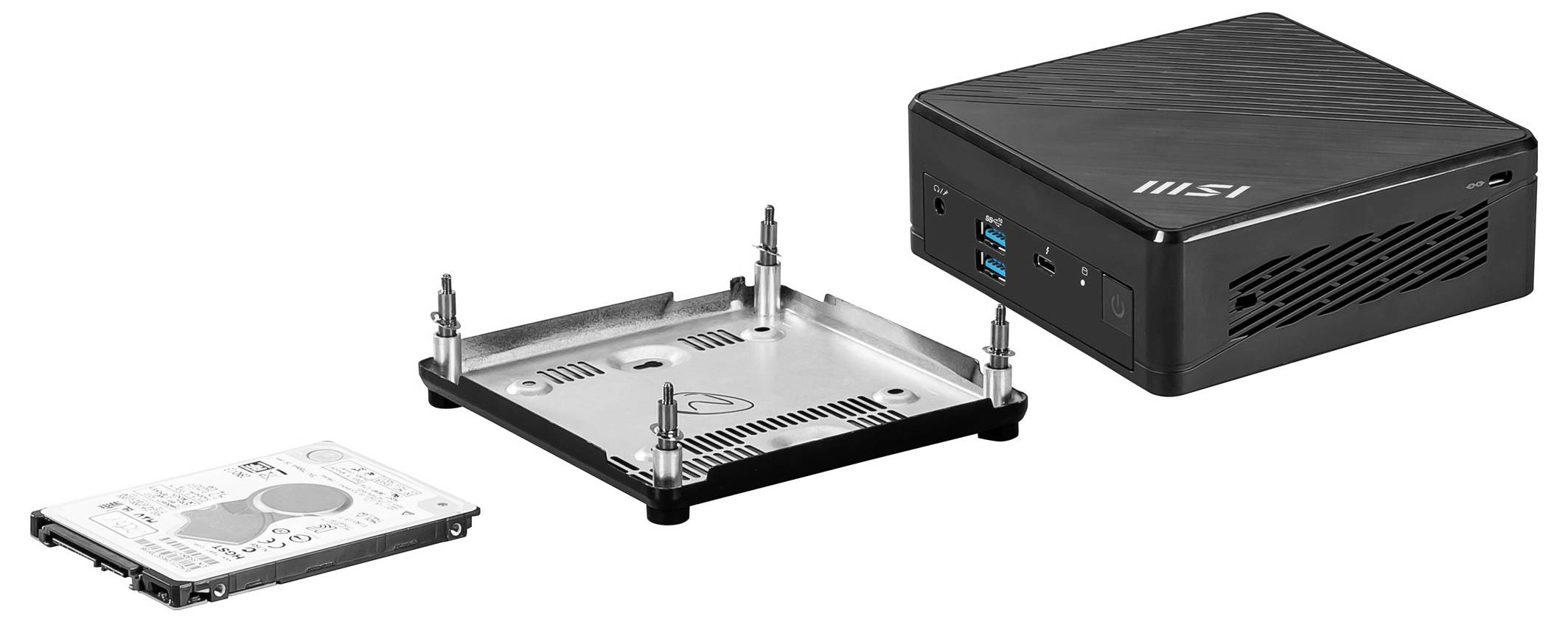 Ein kompakter schwarzer Computer mit vorderen USB- und Audioports wird neben einem geöffneten Metallgehäuse und einer Festplatte gezeigt, was den Zusammenbau veranschaulicht.