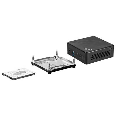 Ein kompakter schwarzer Computer mit vorderen USB- und Audioports wird neben einem geöffneten Metallgehäuse und einer Festplatte gezeigt, was den Zusammenbau veranschaulicht.