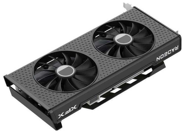 Radeon-Grafikkarte von XFX mit Doppellüftern, schwarzem Gehäuse und elegantem, gelochtem Design für effiziente Kühlung in Computersystemen.