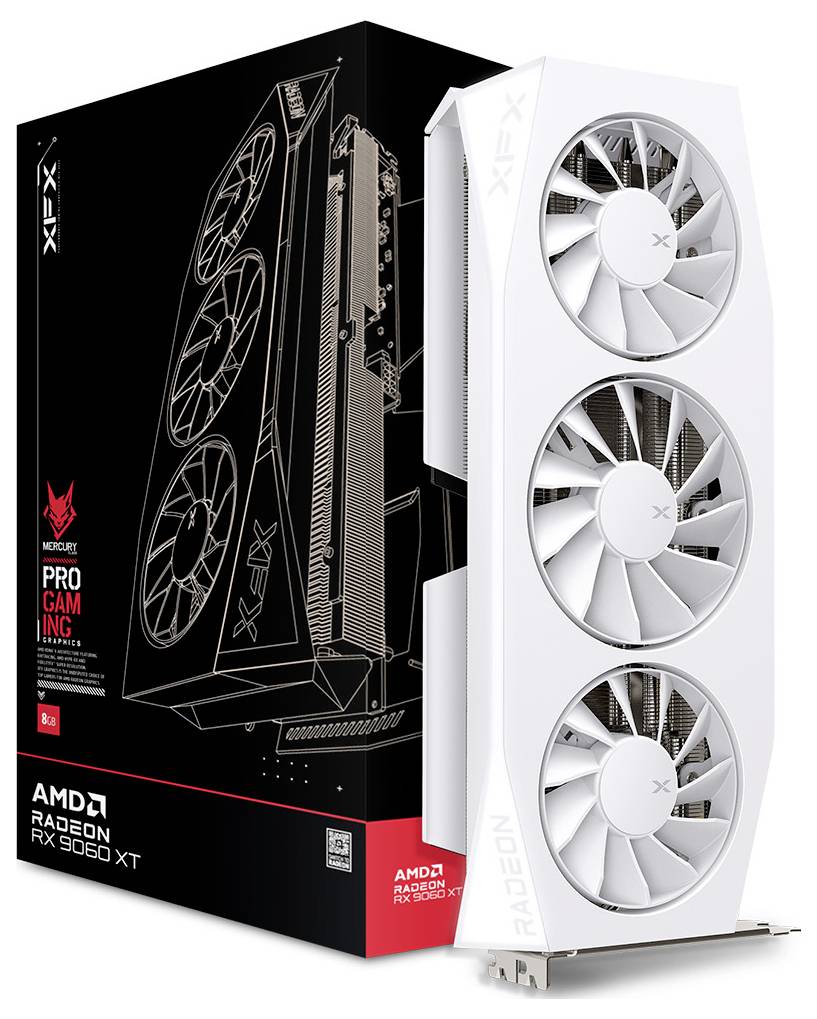Weiße XFX AMD Radeon RX 6950 XT Grafikkarte mit dreifacher Lüftereinheit, die vor ihrer schwarzen und roten Einzelhandelsverpackung steht.