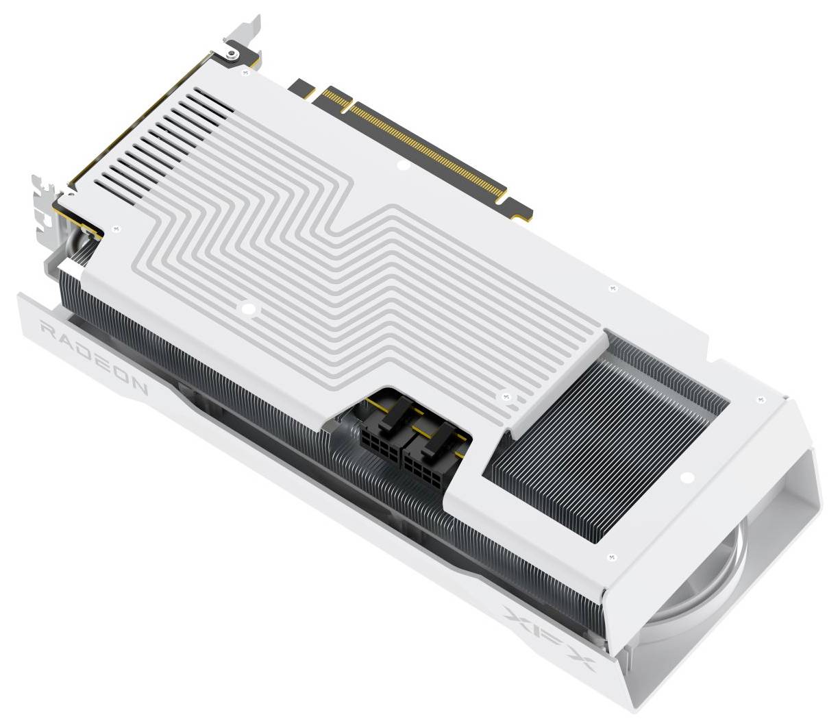 Eine weiße Grafikkarte mit einem schlanken, geprägten Muster, das elektronische Komponenten und einen Kühllüfter bedeckt. An der Seite steht 'Radeon XFX'.
