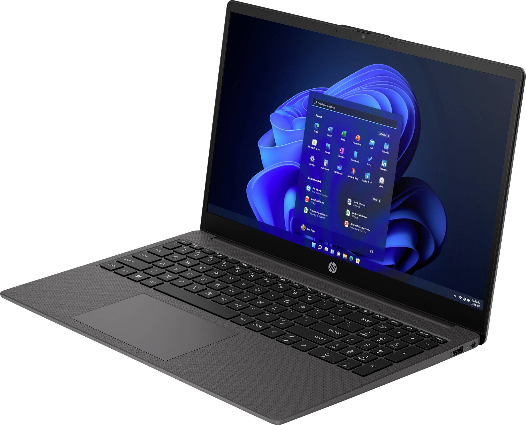 Ein schwarzer Laptop, der den Windows 11 Startbildschirm anzeigt, mit Icons verschiedener Anwendungen vor einem dunkelblau gehaltenen Hintergrund.