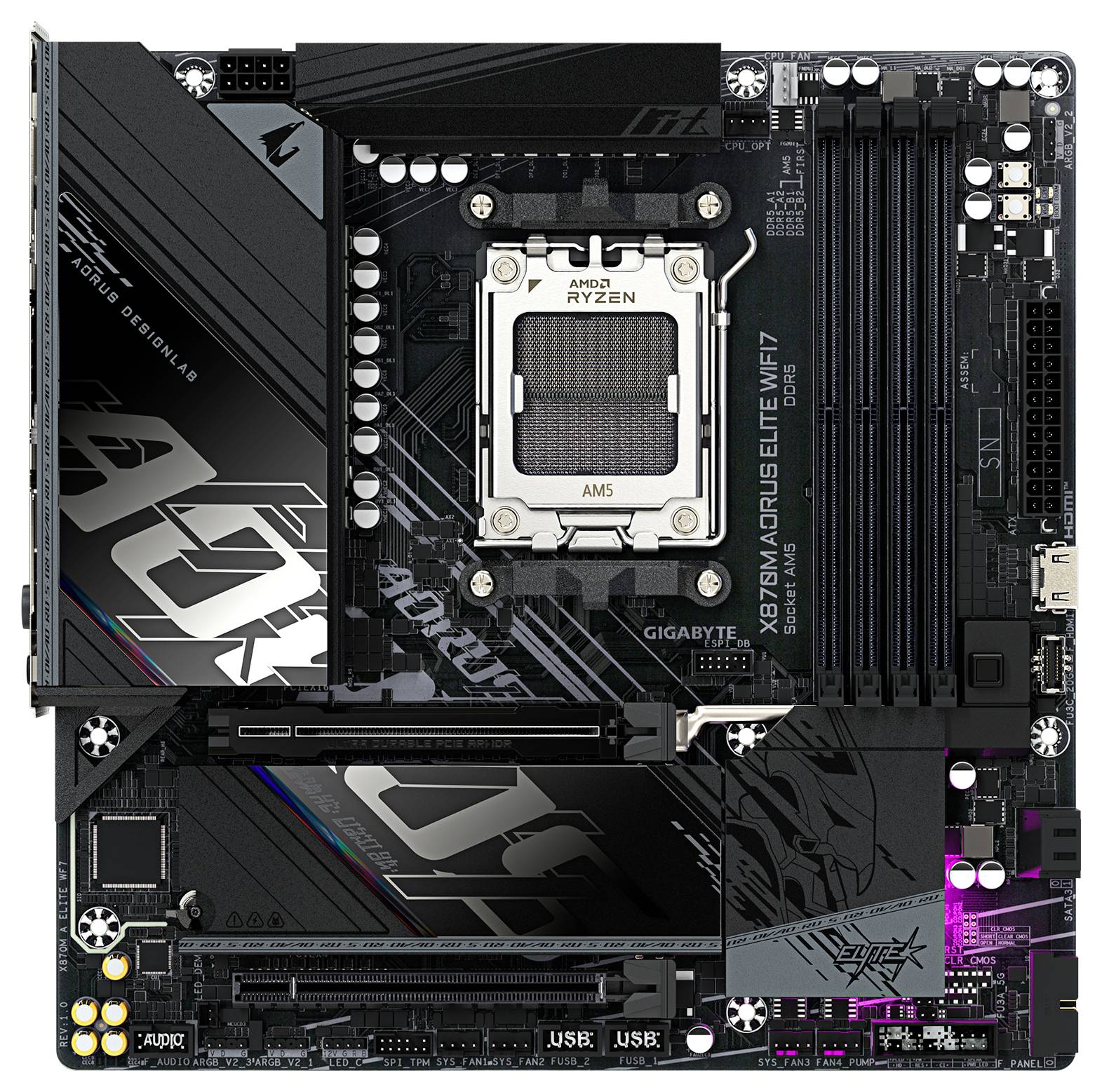 Eine ASUS-Motherboard mit AMD Ryzen-Unterstützung, die PCIe-Steckplätze, RAM-Steckplätze, Kühlkörper und Anschlüsse zum Aufbau eines Computers zeigt.