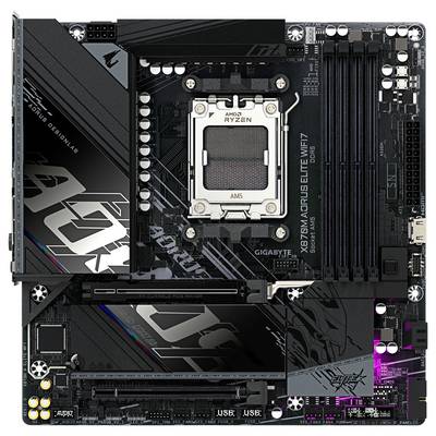 Eine ASUS-Motherboard mit AMD Ryzen-Unterstützung, die PCIe-Steckplätze, RAM-Steckplätze, Kühlkörper und Anschlüsse zum Aufbau eines Computers zeigt.