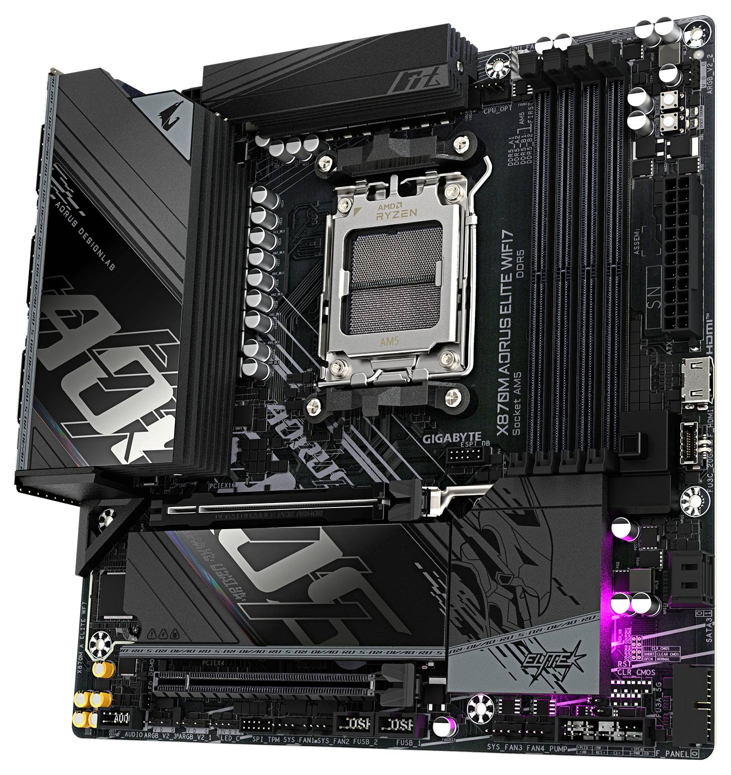 'GIGABYTE X670M AORUS ELITE AX' Mainboard mit AMD-Sockel, vier RAM-Steckplätzen, mehreren Erweiterungssteckplätzen und RGB-Beleuchtungsakzenten.