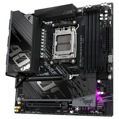 'GIGABYTE X670M AORUS ELITE AX' Mainboard mit AMD-Sockel, vier RAM-Steckplätzen, mehreren Erweiterungssteckplätzen und RGB-Beleuchtungsakzenten.