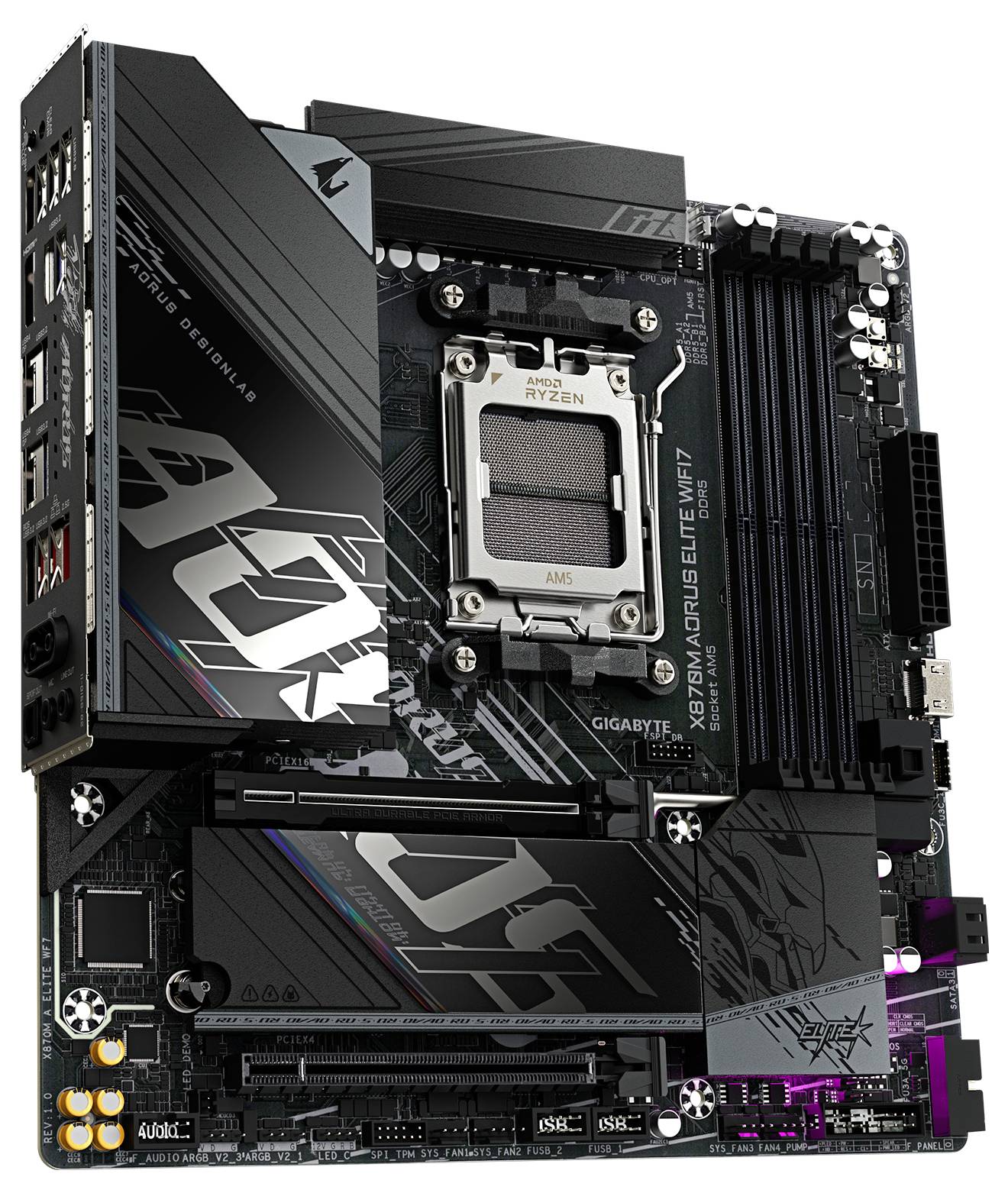 Eine Computermotherboard mit einem AMD Ryzen-Sockel, PCI-Steckplätzen, RAM-Steckplätzen und verschiedenen Anschlüssen, Marke 'Gigabyte Aorus Elite WiFi' Modell.