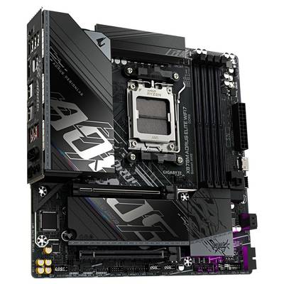 Eine Computermotherboard mit einem AMD Ryzen-Sockel, PCI-Steckplätzen, RAM-Steckplätzen und verschiedenen Anschlüssen, Marke 'Gigabyte Aorus Elite WiFi' Modell.