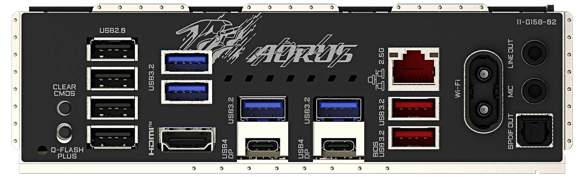 Rückansicht eines Motherboard-I/O-Panels mit mehreren USB-Anschlüssen, Ethernet-Buchsen, HDMI, Audiobuchsen und anderen Konnektivitätsoptionen.