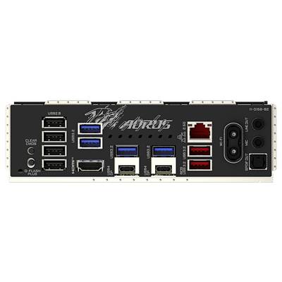 Rückansicht eines Motherboard-I/O-Panels mit mehreren USB-Anschlüssen, Ethernet-Buchsen, HDMI, Audiobuchsen und anderen Konnektivitätsoptionen.