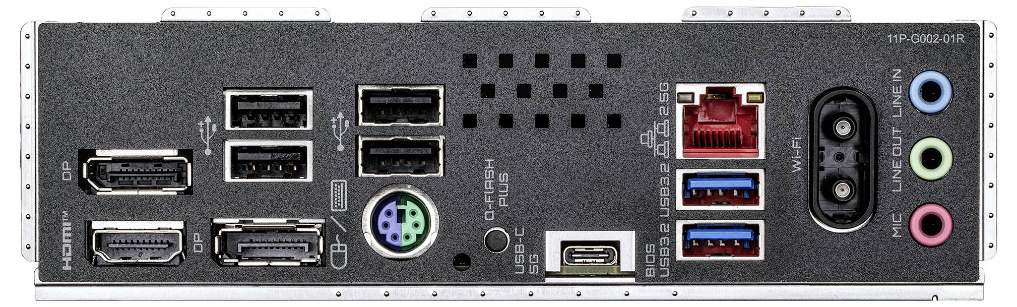 Das Bild zeigt die Rückseite eines Computermotherboards. Es enthält HDMI, DisplayPort, USB, Ethernet, Audioports und einen PS/2-Anschluss.