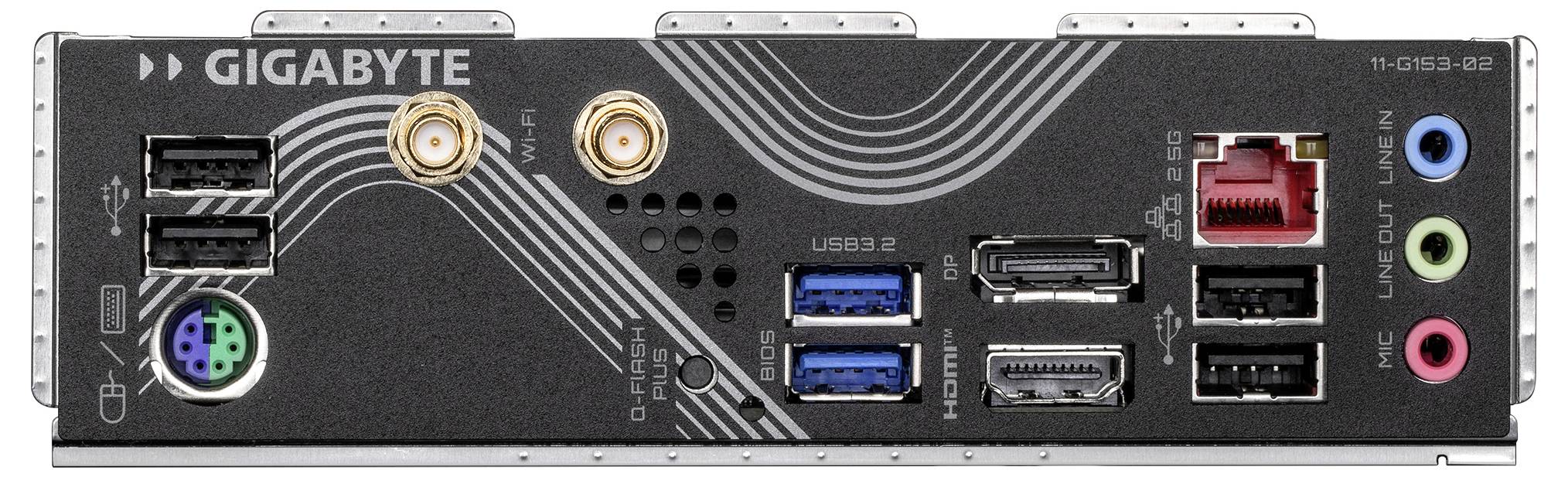 Ein Computer-Motherboard-Rückpanel mit verschiedenen Anschlüssen: vier USB 2.0, zwei USB 3.0, ein USB-C, HDMI, Ethernet, zwei Audiobuchen, PS/2 und WLAN-Antennenanschlüsse.