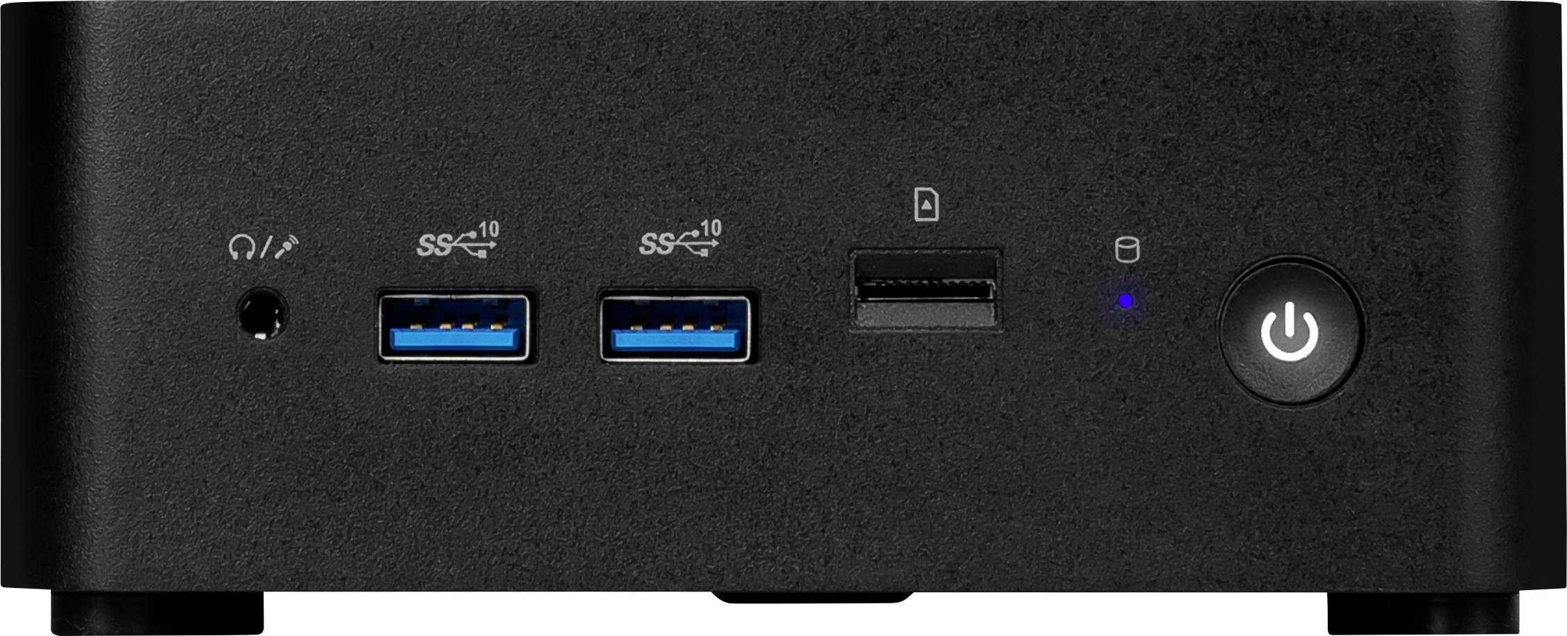 Ein schwarzes Computer-Frontpanel mit zwei USB-3.0-Anschlüssen, einem Audioeingang, einem SD-Kartenslot und einem Power-Knopf mit blau leuchtender LED-Anzeige.