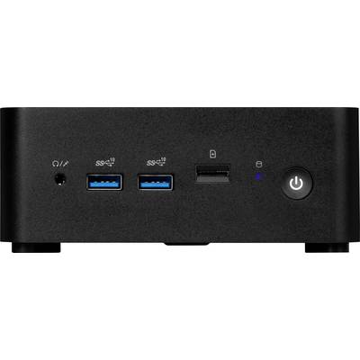 Ein schwarzes Computer-Frontpanel mit zwei USB-3.0-Anschlüssen, einem Audioeingang, einem SD-Kartenslot und einem Power-Knopf mit blau leuchtender LED-Anzeige.