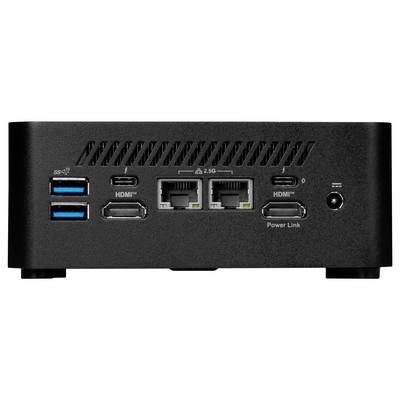 Rückseite eines schwarzen Geräts mit Anschlüssen: zwei USB 3.0, zwei HDMI, zwei Ethernet, ein HDMI und Stromanschluss.