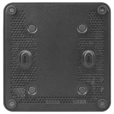 Das Bild zeigt die Unterseite eines schwarzen elektronischen Geräts mit einer strukturierten Oberfläche, vier Befestigungsschrauben an den Ecken und zwei Gummifüßen für besseren Halt.