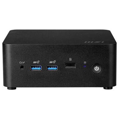 Ein kompakter schwarzer Mini-Desktop-Computer verfügt über zwei blaue USB-Anschlüsse, einen HDMI-Anschluss, einen Einschaltknopf und einen Audioausgang an der Vorderseite.