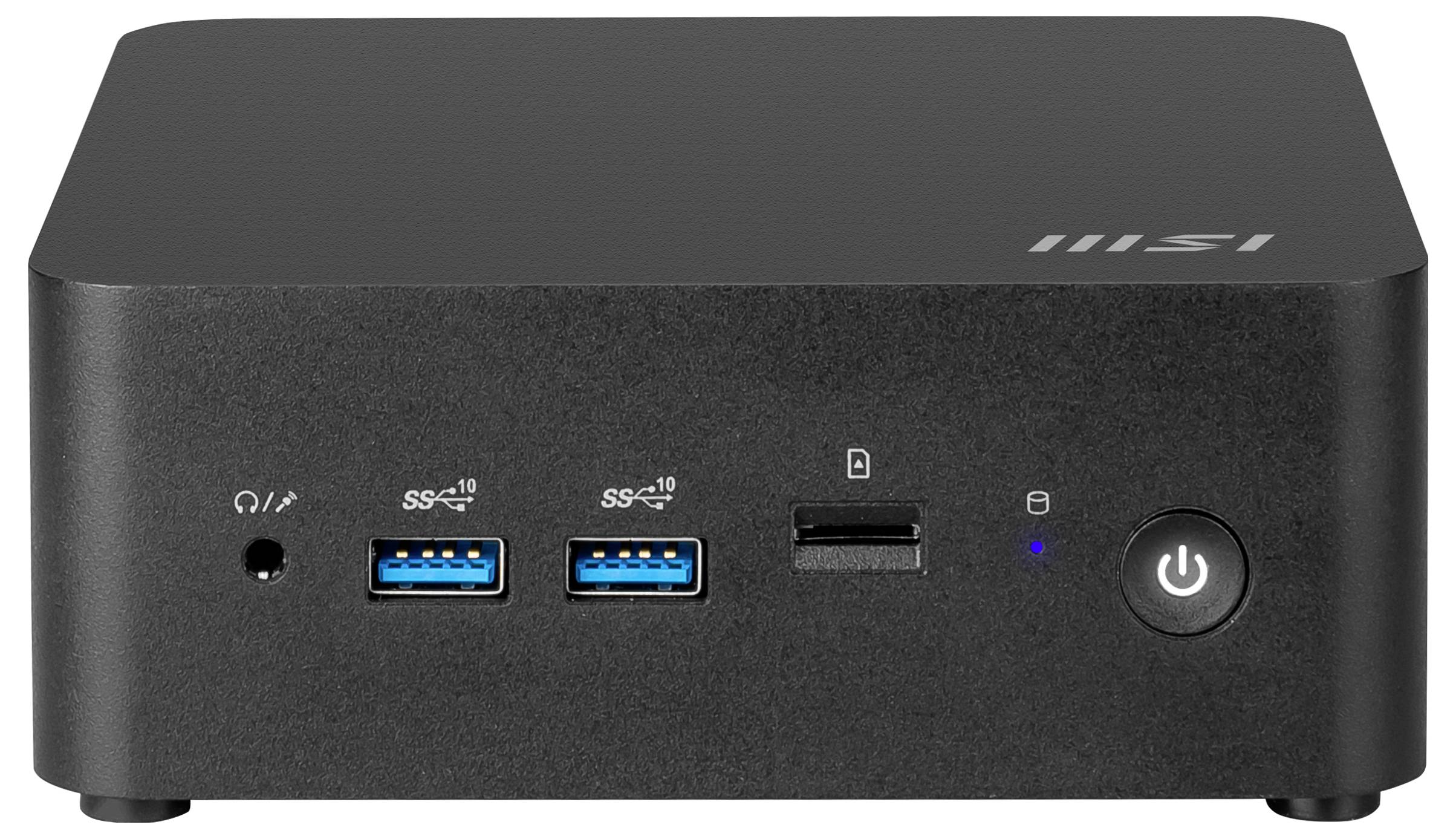 Kompakter schwarzer Computer mit zwei USB-3.0-Anschlüssen, Audioeingang, Kartenleserslot und Einschaltknopf auf der Vorderseite.