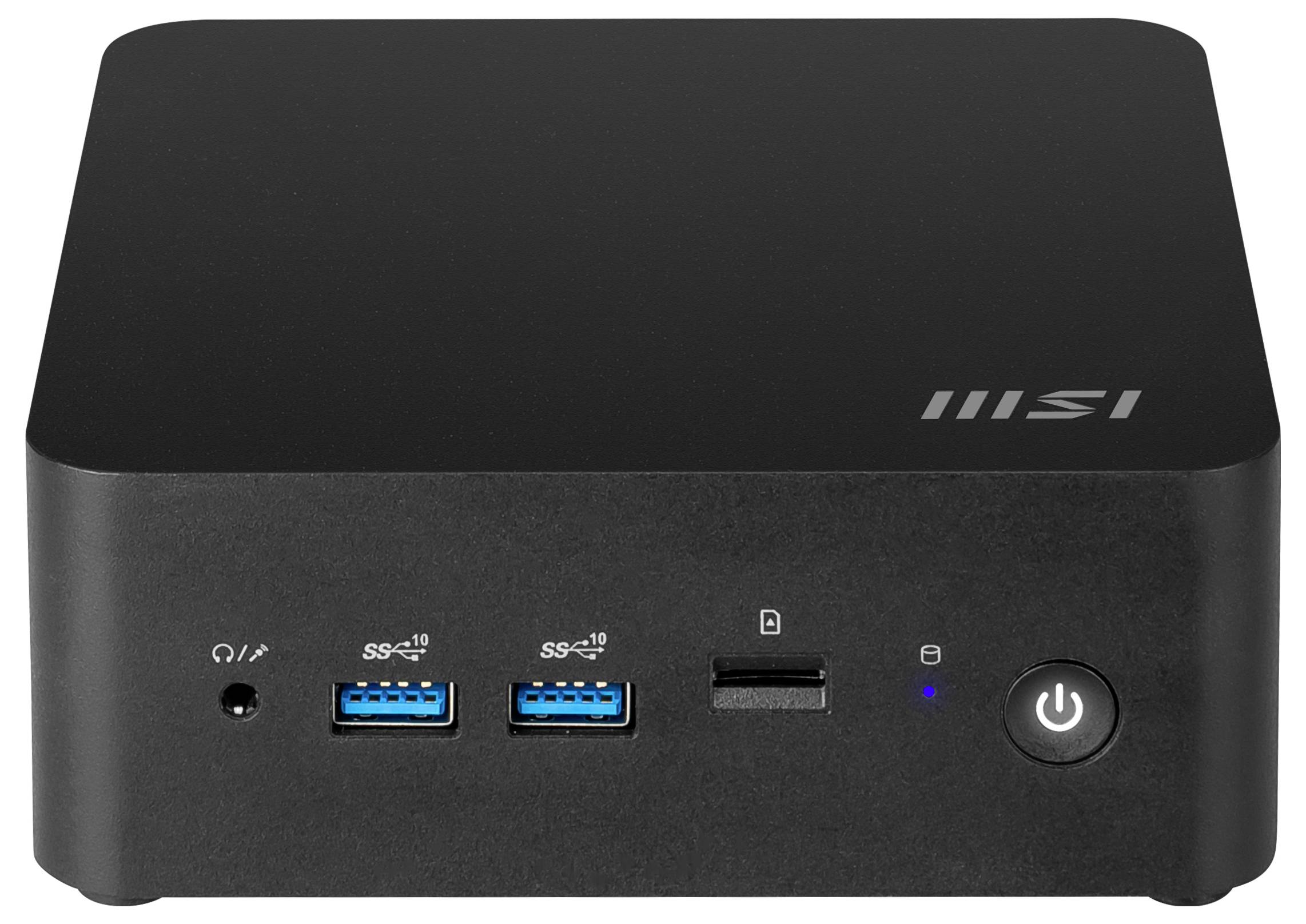 Eine kompakte schwarze Computerbox mit MSI-Branding, die mehrere USB-Anschlüsse, einen Einschaltknopf und eine Statusanzeige auf dem Frontpanel aufweist.