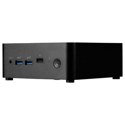 Ein schwarzer Mini-Desktop-Computer mit einem Einschaltknopf und mehreren USB-Anschlüssen auf der Frontplatte.