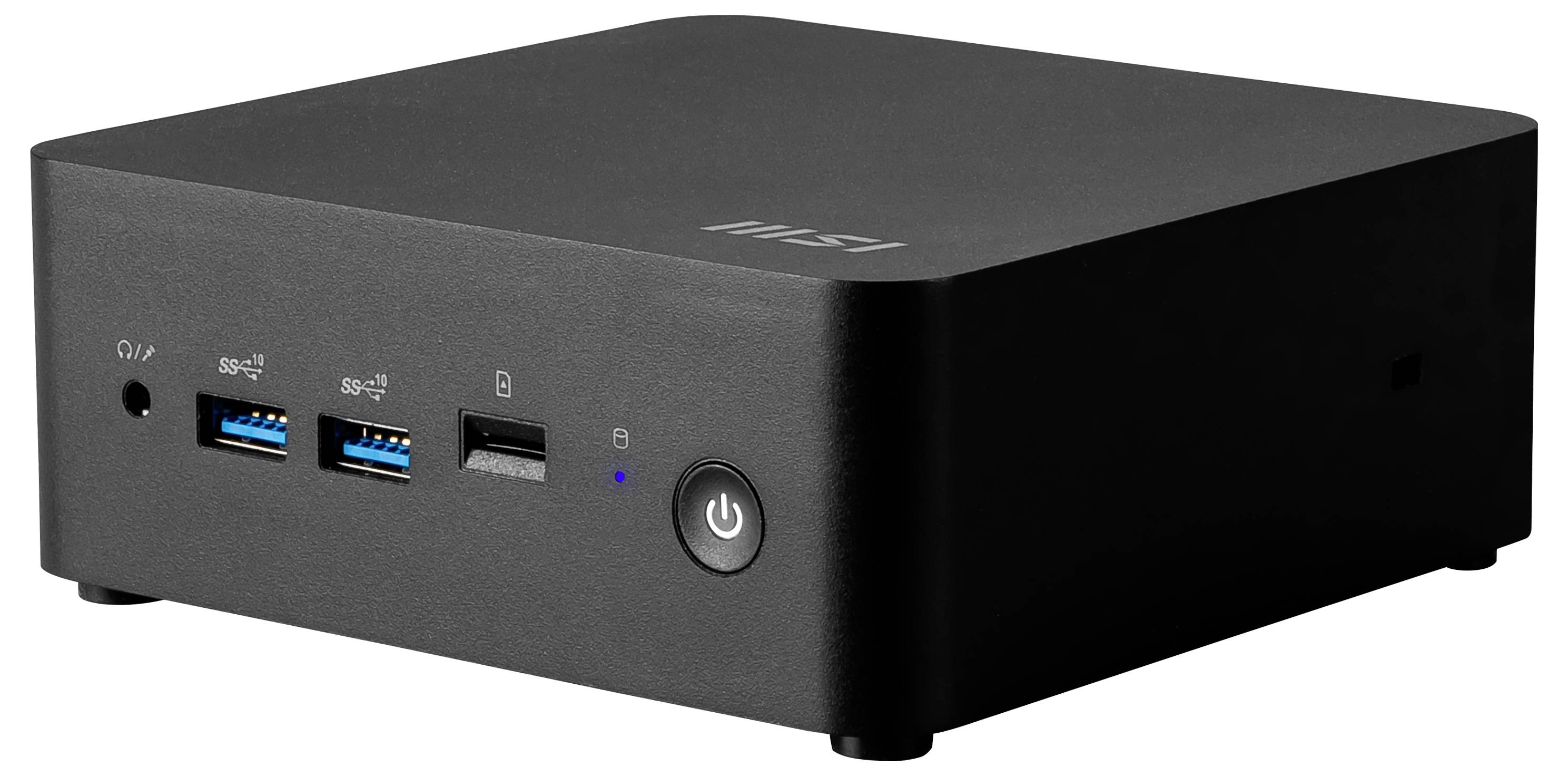 Eine schwarze, kompakte Computereinheit mit USB-Anschlüssen, Kopfhörerbuchse und Einschaltknopf an der Vorderseite.