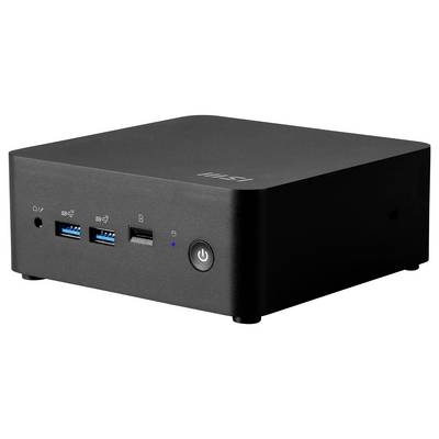 Eine schwarze, kompakte Computereinheit mit USB-Anschlüssen, Kopfhörerbuchse und Einschaltknopf an der Vorderseite.