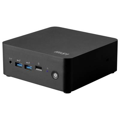 Ein kompakter schwarzer Mini-Desktop-Computer mit USB-Anschlüssen, einem Ein-/Ausschalter und einem MSI-Logo an der Vorderseite, entwickelt für kleine Arbeitsumgebungen.