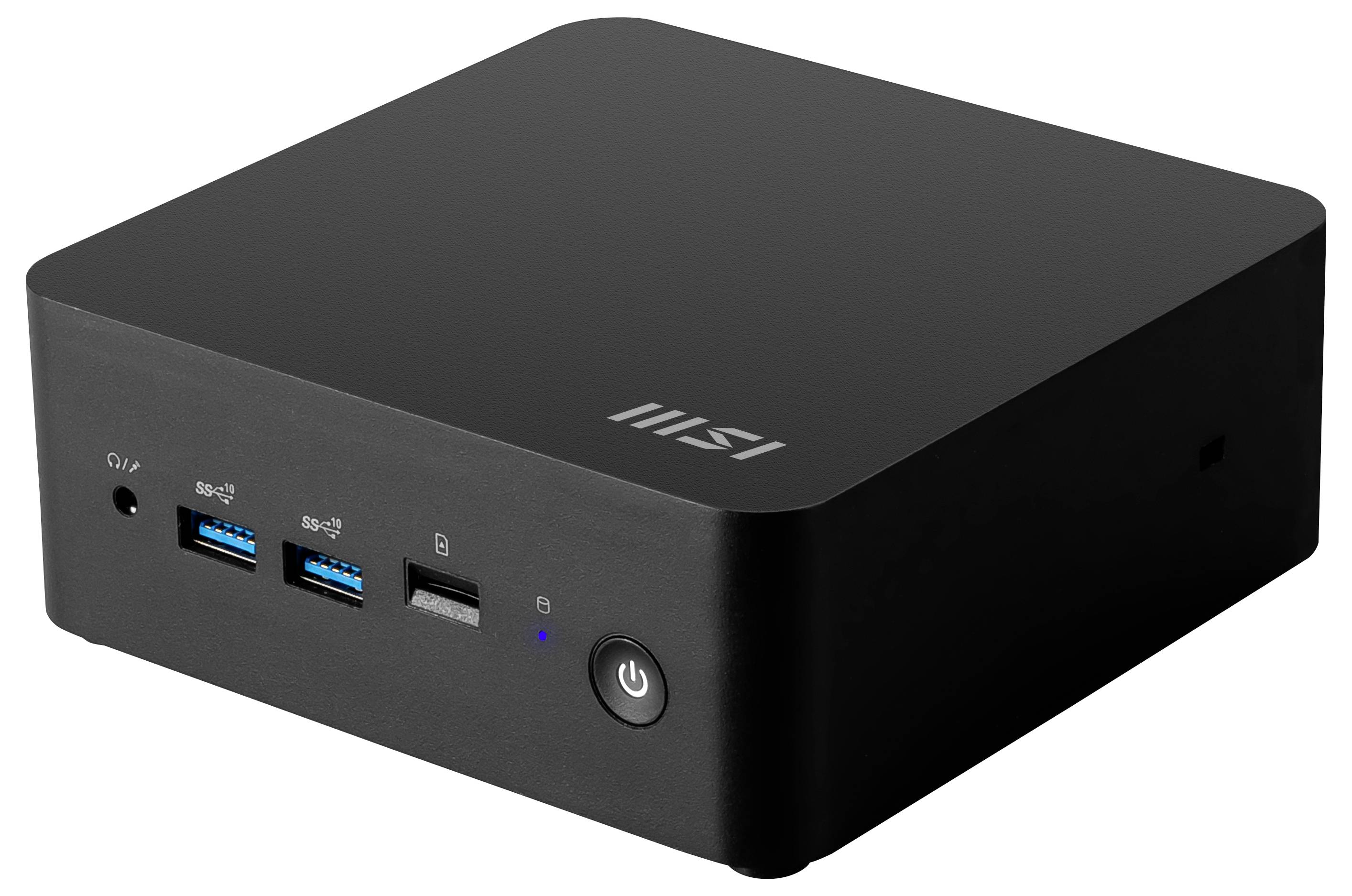 Ein kompakter, schwarzer Mini-PC mit dem Logo auf der Oberseite. Die Frontplatte enthält USB-Anschlüsse, Audioeingang, Einschaltknopf und LED-Anzeige.