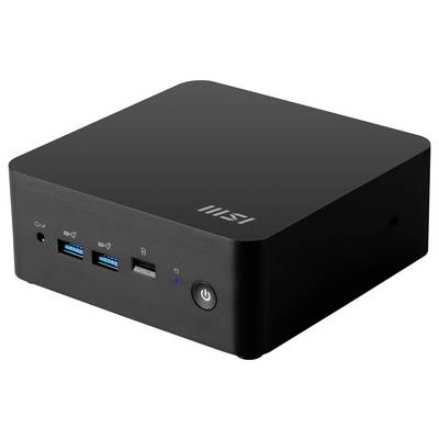 Ein kompakter, schwarzer Mini-PC mit dem Logo auf der Oberseite. Die Frontplatte enthält USB-Anschlüsse, Audioeingang, Einschaltknopf und LED-Anzeige.